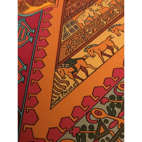 HERMES SUR un TAPIS VOLANT Red/Orange Silk Scarf w/BOX 2006 by Annie Faivre - Picture 8 of 9